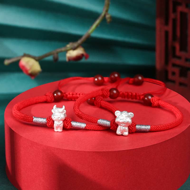 999 Sterling Silver Chinese Zodiac Luck Strength Red String Bracelet