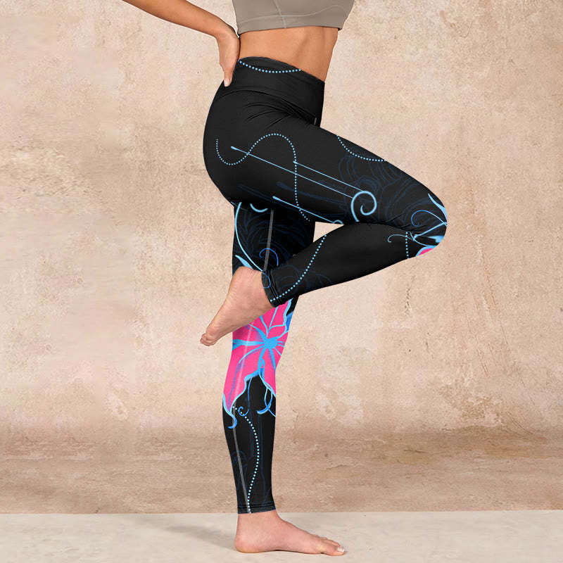 Black Pink Blue Flowers Print Fitness Leggings Women's Yoga Pants
