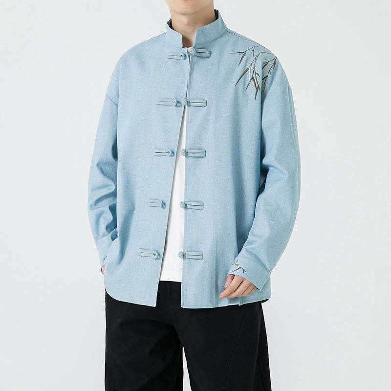 Bamboo Leaves Design Frog-button Tang Suit Cotton Men's Jacket Shirt