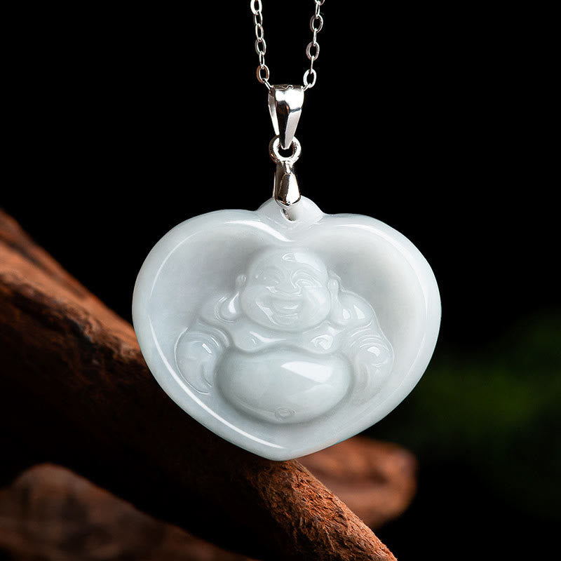 925 Sterling Silver Laughing mystic zen White Jade Luck Blessing Necklace Pendant