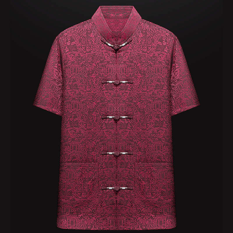 Along the River During the Qingming Festival Pattern Traditional Tang Suit Short Sleeve Shirt Pants Clothing Men's Set