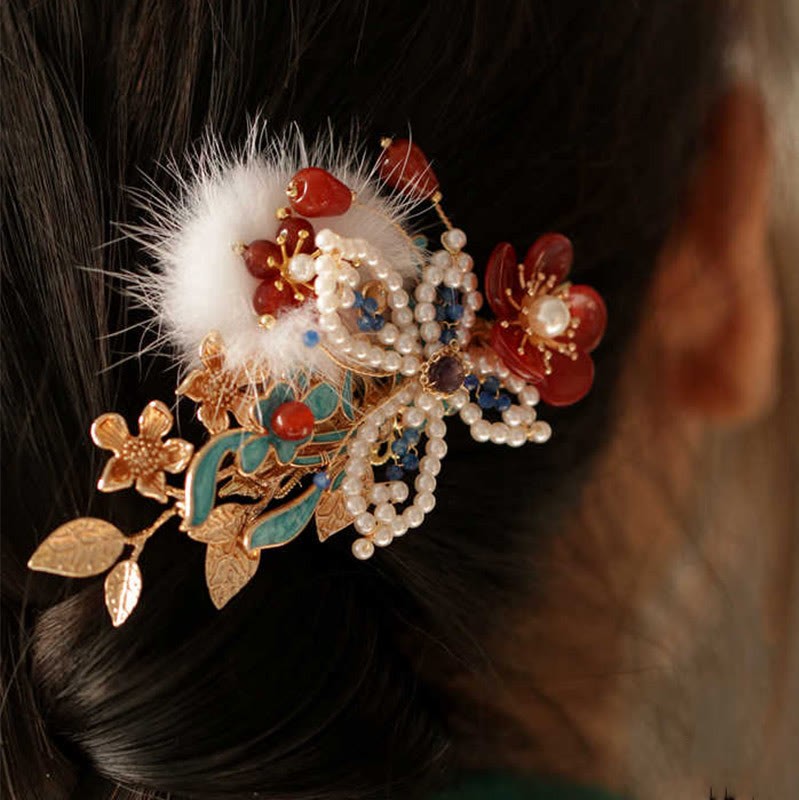 Classical Chinese Style Red Flower Butterfly Pearl Hair Clip