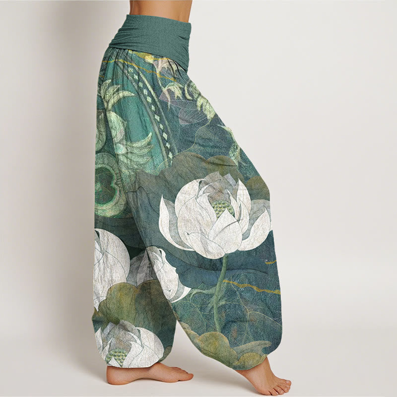 White Lotus Leaves Pattern Casual Women's Elastic Waist Harem Pants