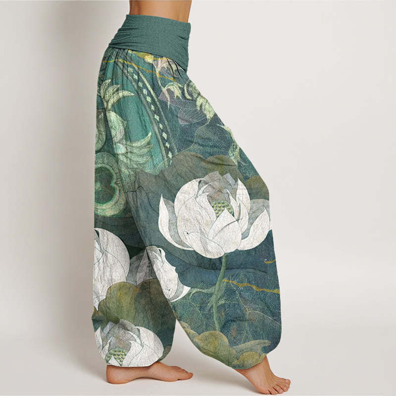 White Lotus Leaves Pattern Casual Women's Elastic Waist Harem Pants