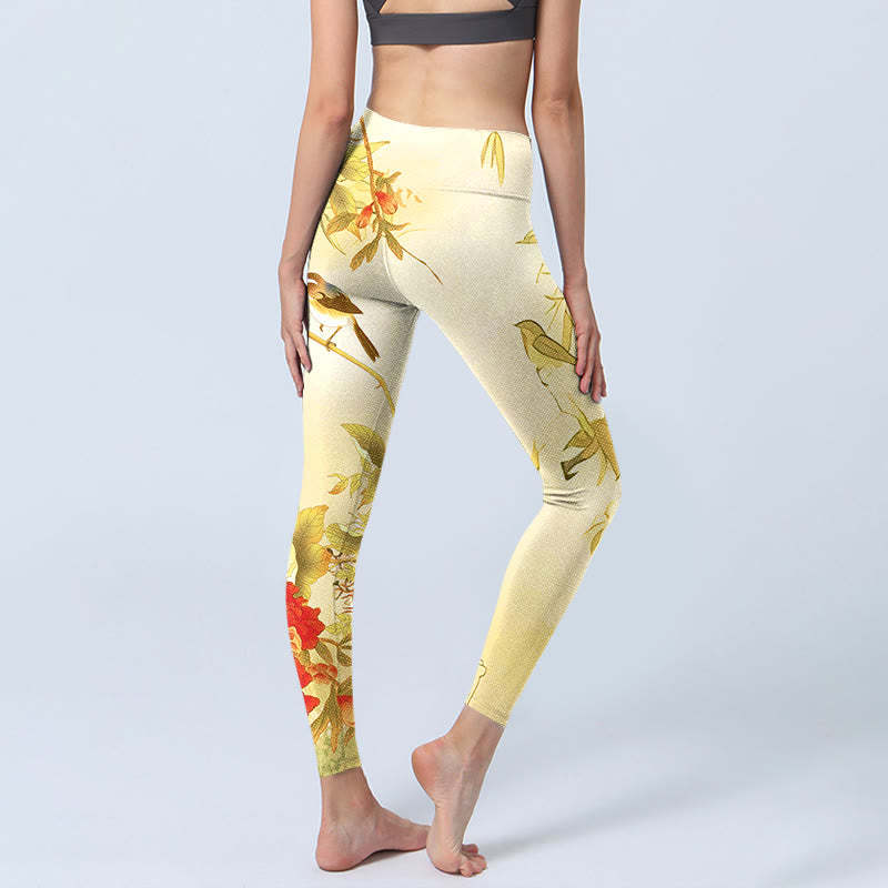 Light Yellow Peony Flowers Birds Print Sports Leggings Women's Yoga Pants