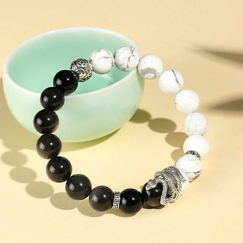 Natural Silver Sheen Obsidian White Turquoise Grey Jasper Snowflake Obsidian Year Of The Snake Protection Bracelet