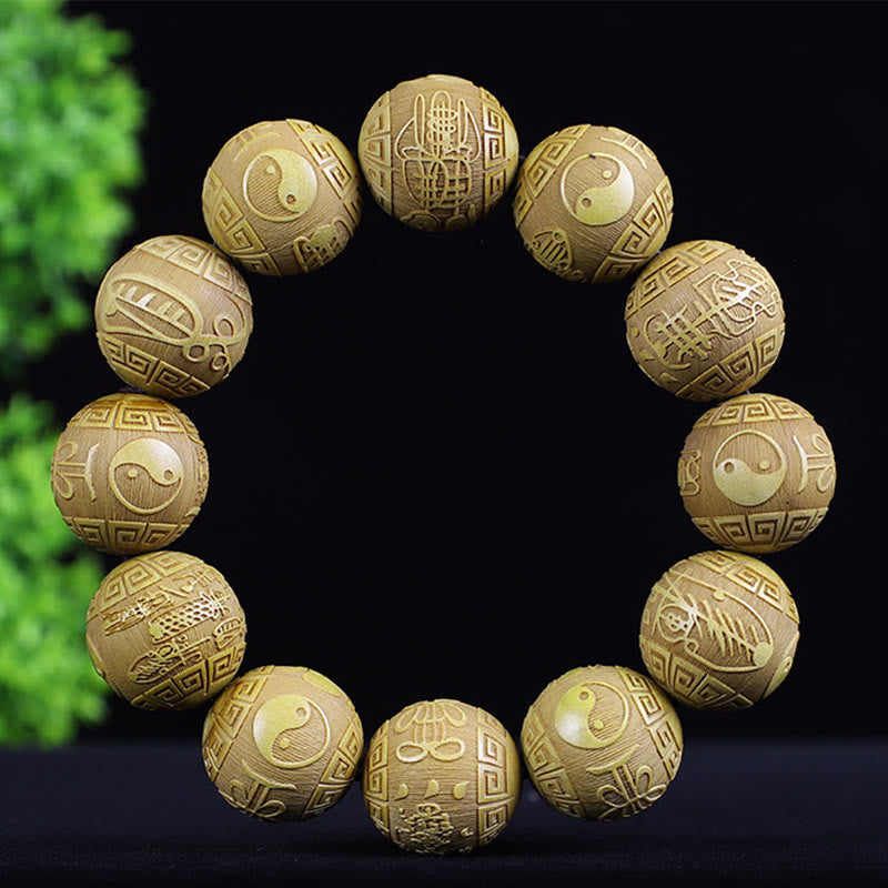 Chinese Zodiac Rosewood Ebony Boxwood Copper Coin PiXiu Carved Warmth Bracelet