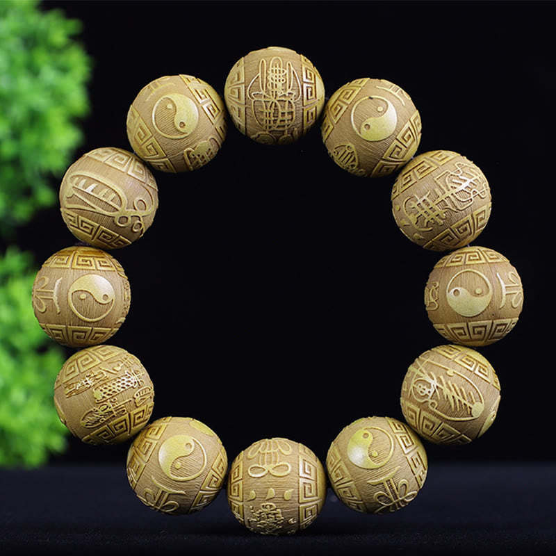 Chinese Zodiac Rosewood Ebony Boxwood Copper Coin PiXiu Carved Warmth Bracelet