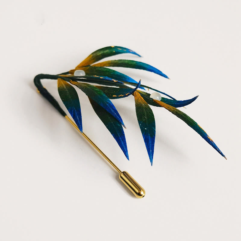 Handmade Velvet Flower Mulberry Silk Green Yellow Blue Leaves Brooch