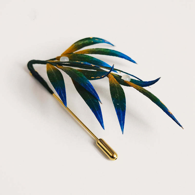 Handmade Velvet Flower Mulberry Silk Green Yellow Blue Leaves Brooch