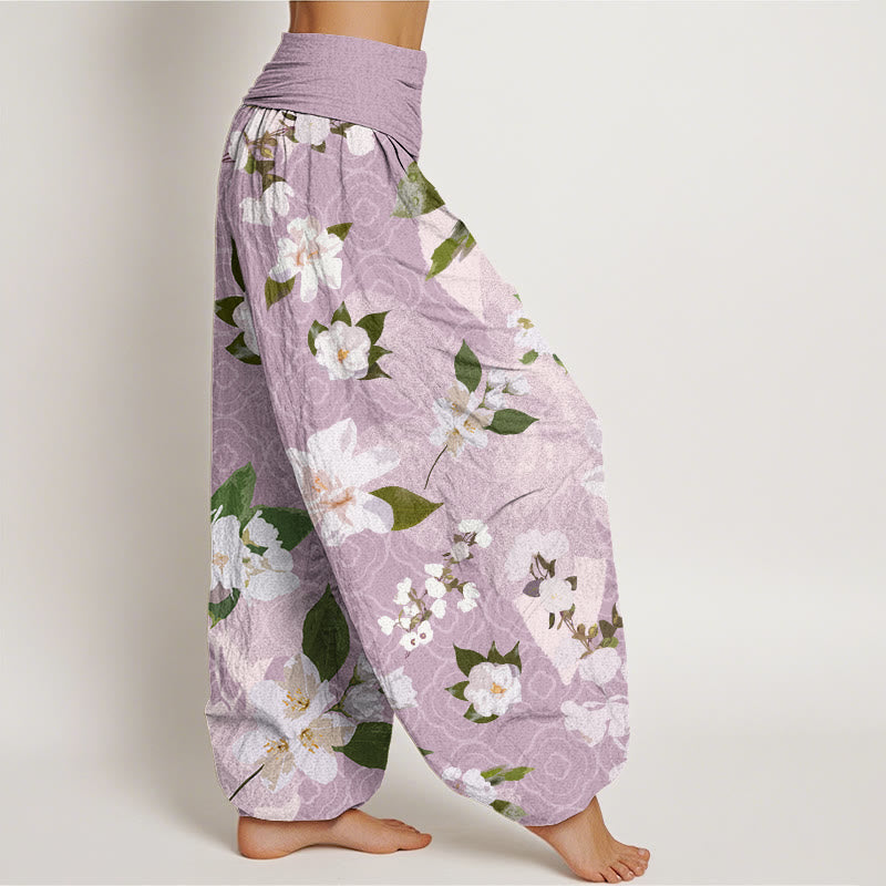 Casual White Magnolia Flowers Leaves Women's Elastic Waist Harem Pants