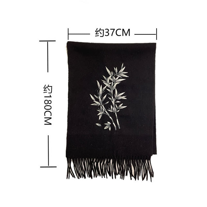 Wool Shawl Bamboo Leaf Embroidery Tassel Winter Cozy Travel Scarf Wrap