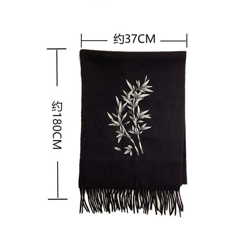 Wool Shawl Bamboo Leaf Embroidery Tassel Winter Cozy Travel Scarf Wrap