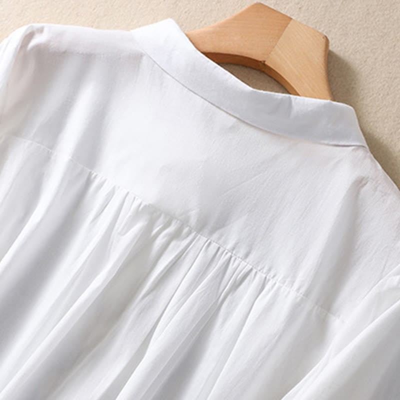 Summer Plain Button Embroidery Flower Pattern Three Quarter Sleeve Lapel Cotton Linen Women's Shirt