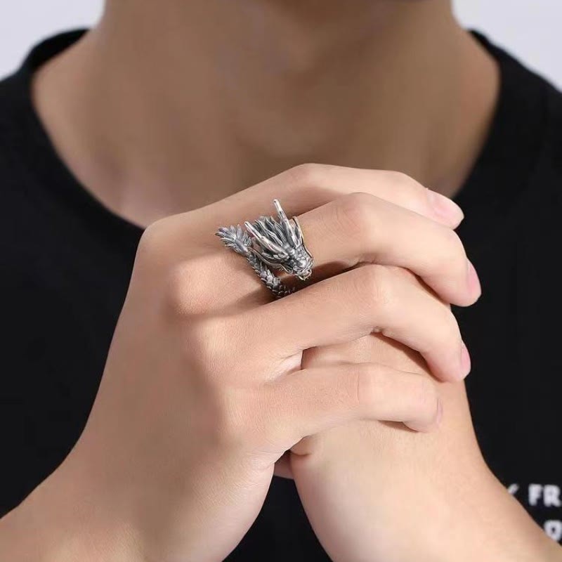 925 Sterling Silver Vintage Dragon Design Protection Strength Adjustable Ring