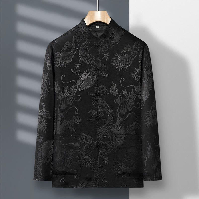 2Pcs Tang Suit Dragon Frog-Button Men's Long Sleeve Shirt Pants Clothing Set
