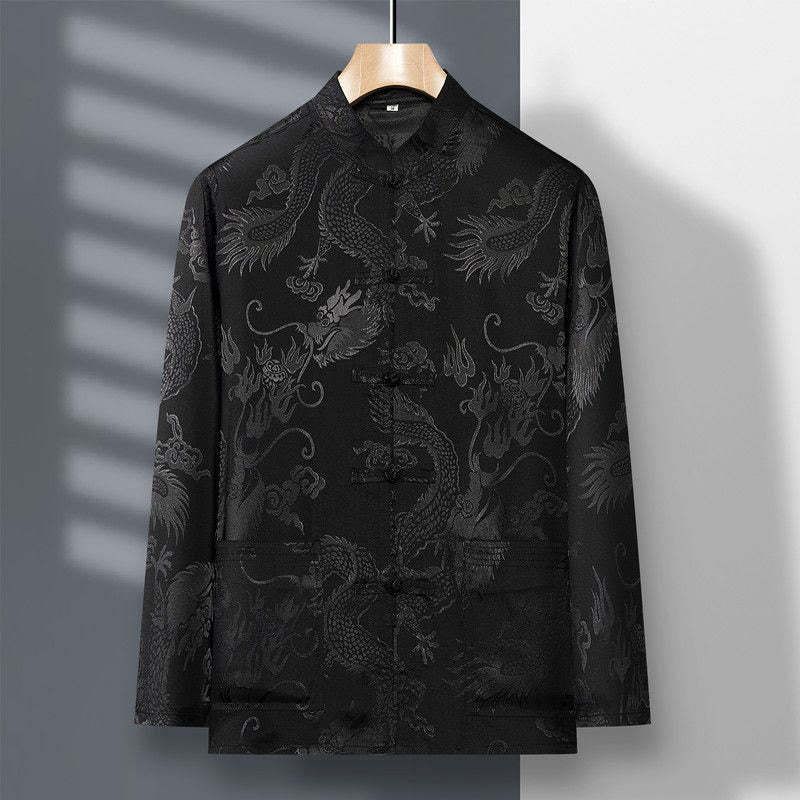 2Pcs Tang Suit Dragon Frog-Button Men's Long Sleeve Shirt Pants Clothing Set