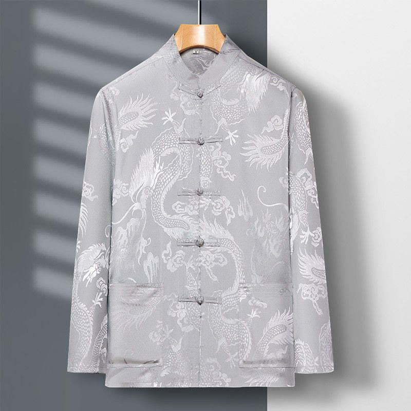 2Pcs Tang Suit Dragon Frog-Button Men's Long Sleeve Shirt Pants Clothing Set