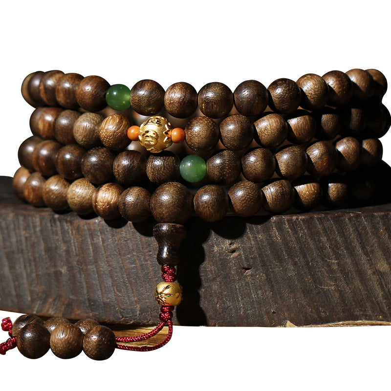 999 Gold 108 Mala Beads Kalimantan Agarwood Cyan Jade Six True Words Strength Bracelet