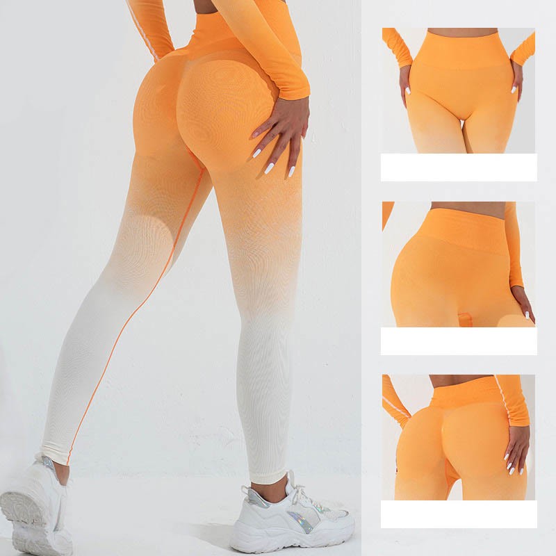 Gradient Long Sleeve Crop Top Tee Bra Leggings Pants Fitness Yoga Outfit