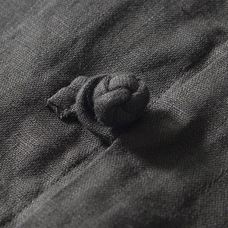 Daily Frog-Button Stand Collar Short Sleeve Linen Men's Shirt