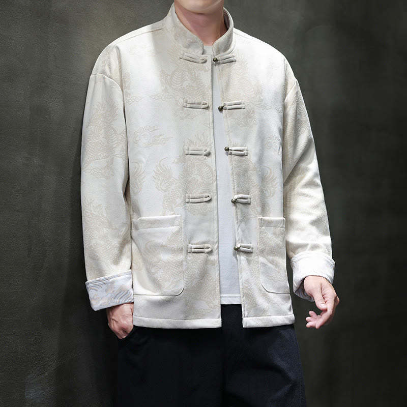 Chinese New Year Kirin Print Frog-button Tang Suit Men's Jacket Shirt With Pockets