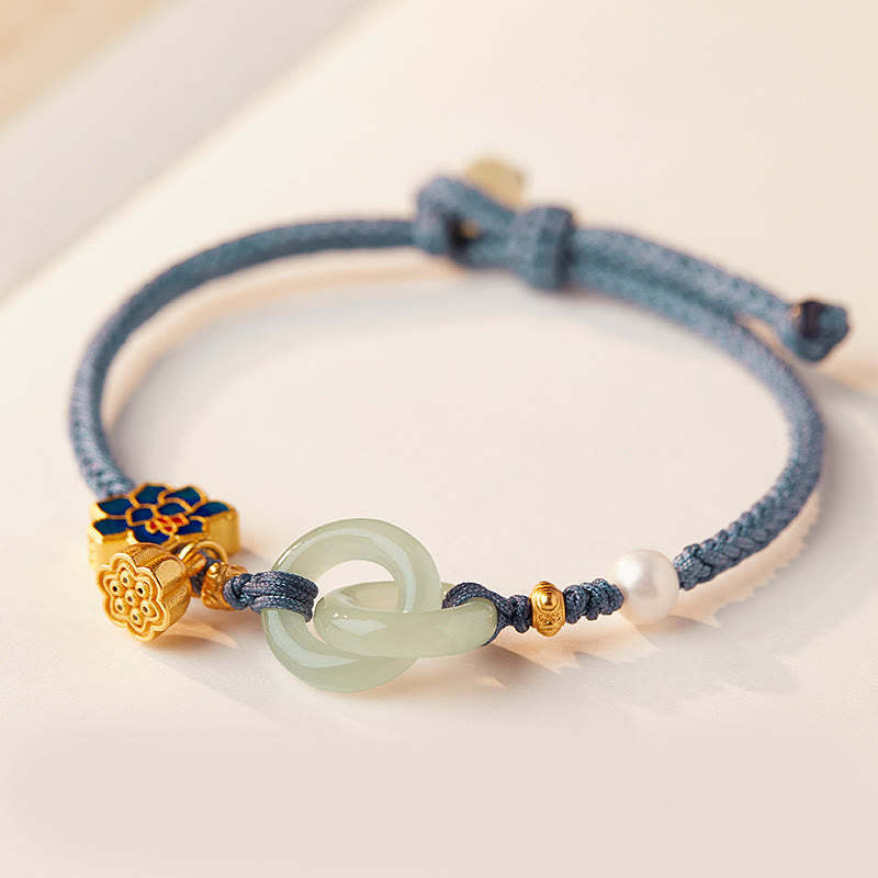 Hetian Jade Lotus Peace Buckle Braided Rope Fortune Bracelet
