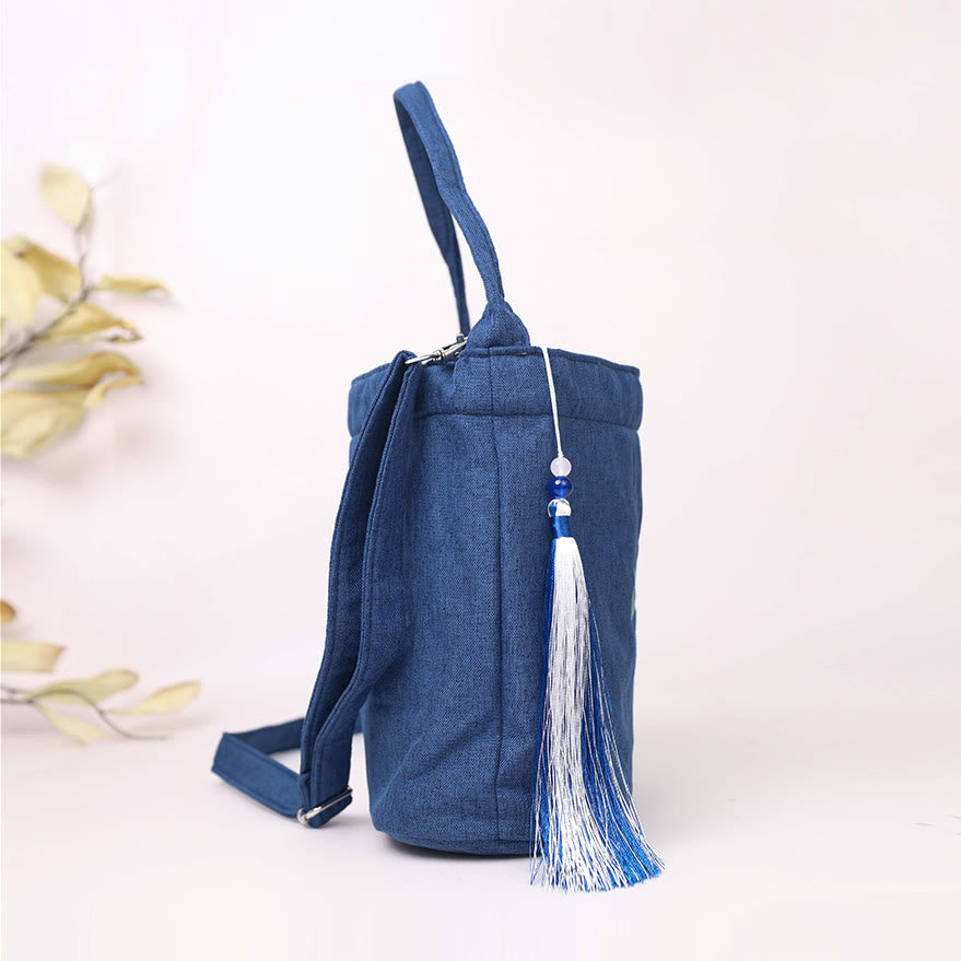 Embroidery Wisteria Plum Lotus Cherry Blossom Cotton Linen Canvas Tote Crossbody Bag Shoulder Bag Handbag