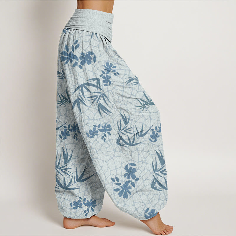 Bamboo Flowers Pattern Women's Elastic Waist Harem Pants