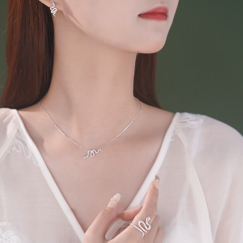 925 Sterling Silver Year of the Snake Calm Necklace Pendant Ring Earrings Set