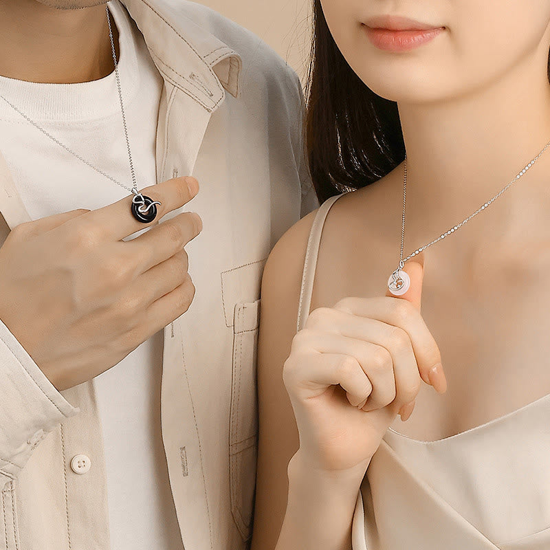 925 Sterling Silver Black Onyx Chalcedony Peace Buckle Year Of The Snake Luck Necklace Pendant