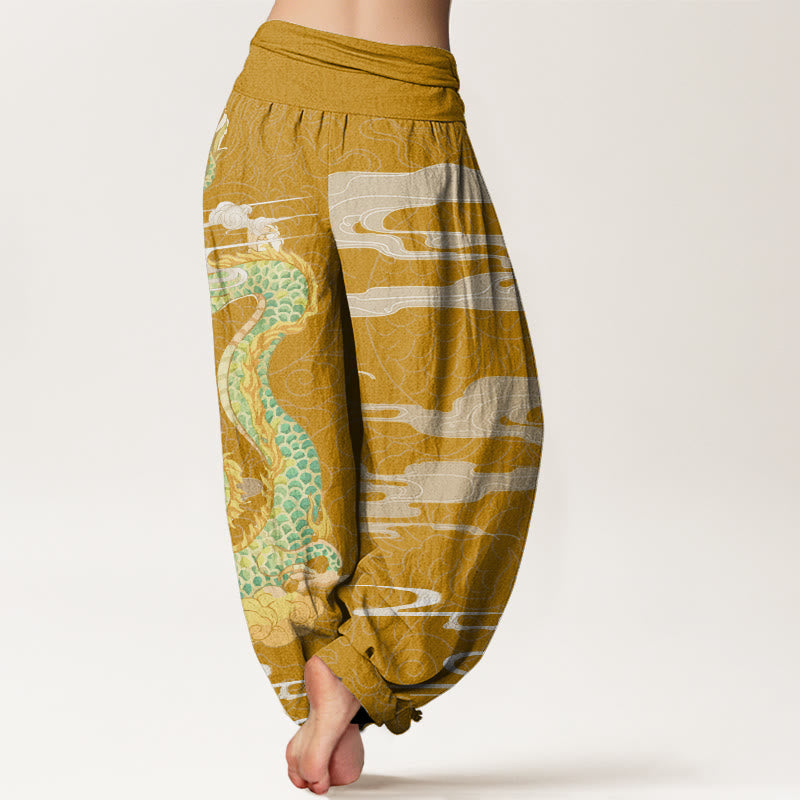 Casual Dragon Auspicious Clouds Pattern Women's Elastic Waist Harem Pants