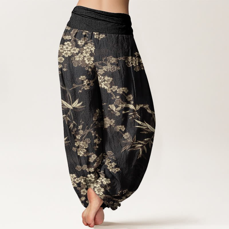 White Sakura Flower Pattern Women's Elastic Waist Harem Pants