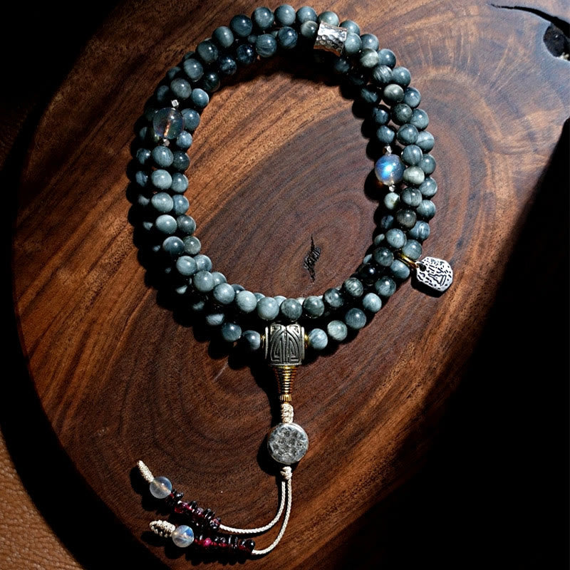 925 Sterling Silver 108 Mala Beads Eagle's Eye Stone Moonstone Positive Bracelet