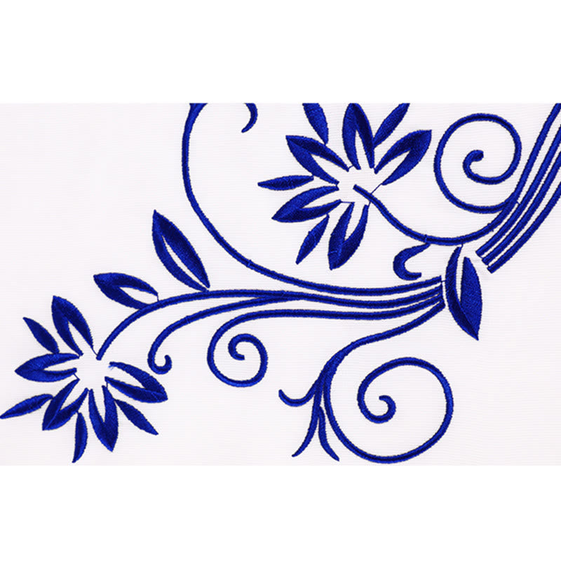 2Pcs Fall Blue Embroidery Flowers Frog-Button Tai Chi Meditation Qigong Zen Practice Unisex Cotton Clothing Set