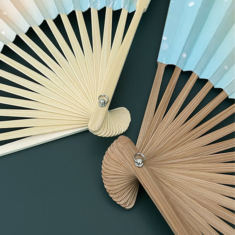 Retro Lotus Flower Leaf Mountain Lake Handheld Folding Fan With Bamboo Frames