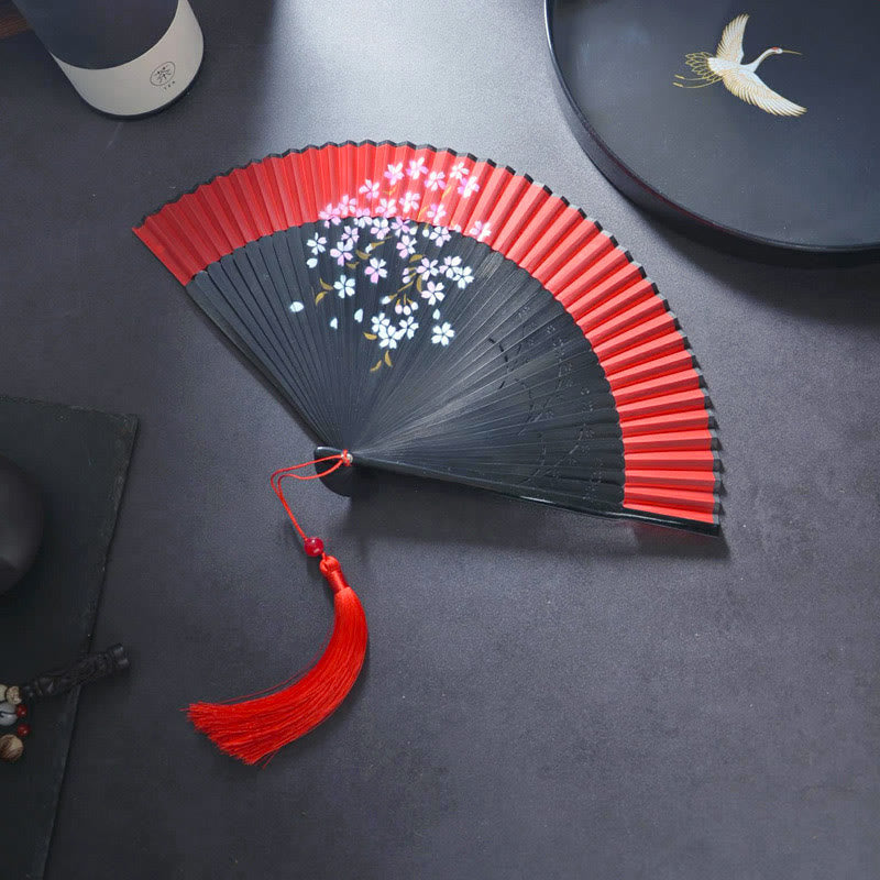 Flower Rabbit Spray Painting Handheld Cotton Linen Fabric Bamboo Folding Fan