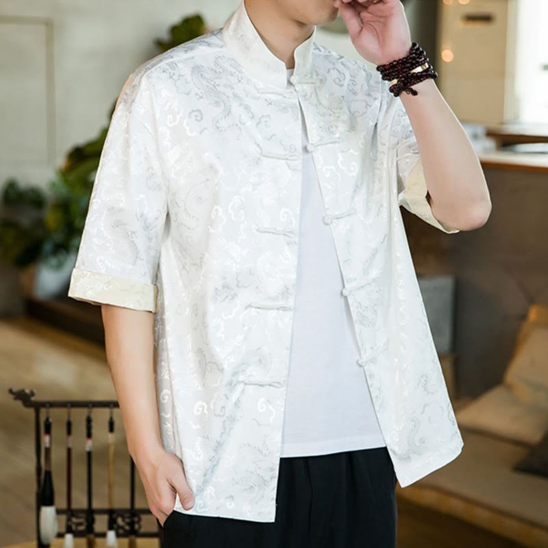 Chinese Tang Suit Frog-button Dragon Print Men's Half Sleeve Shirts
