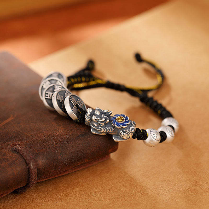 999 Sterling Silver FengShui PiXiu Copper Coin Fu Character Wealth Braided Bracelet