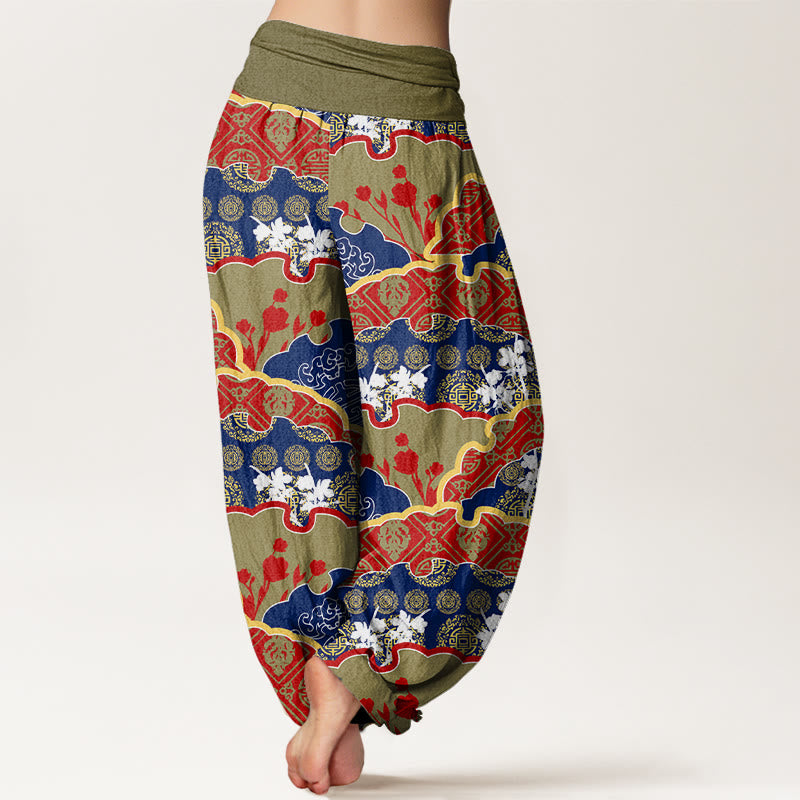 Chinese Fan-shaped Diamond Pattern Design Women's Elastic Waist Harem Pants