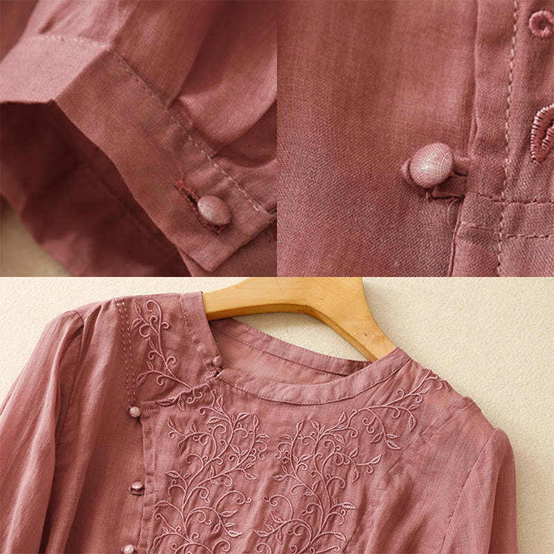 Plain Frog-Button Embroidery Vine Long Sleeve Slanted Collar Cotton Linen Women's Shirt
