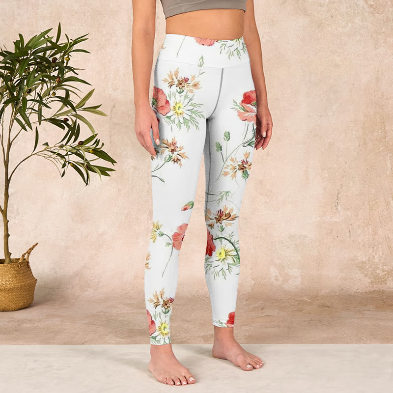 White Daisy Red Flower Print Sports Leggings Women's Yoga Pants