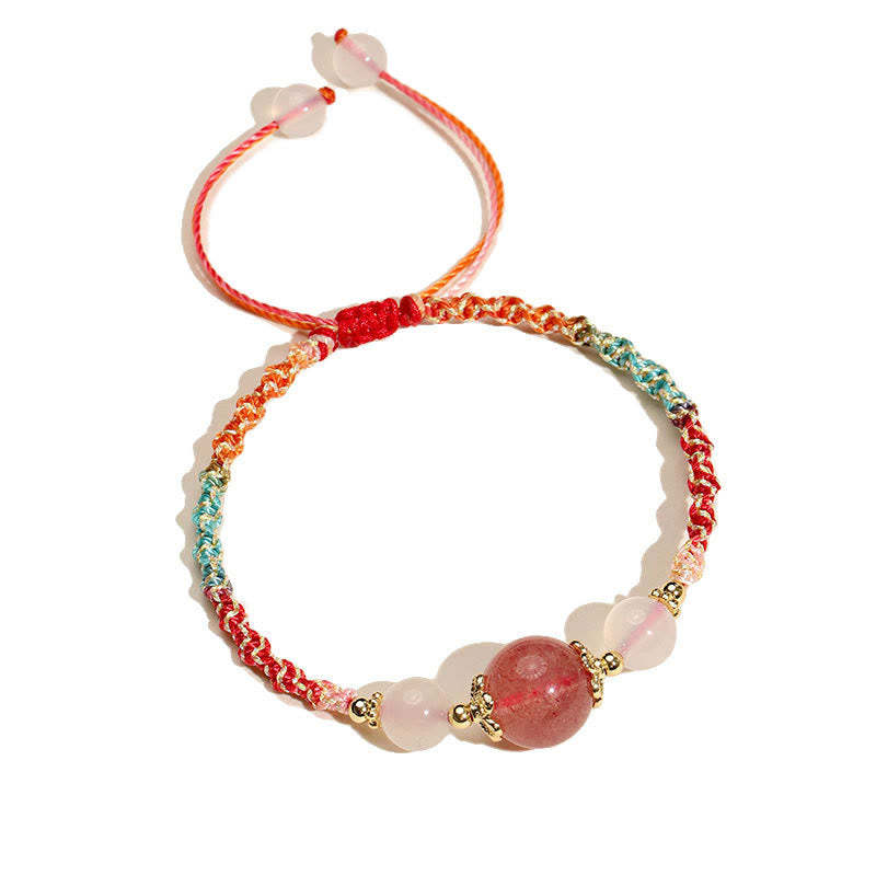 Strawberry Quartz Pink Crystal Prehnite White Agate Bead Healing Rope Bracelet