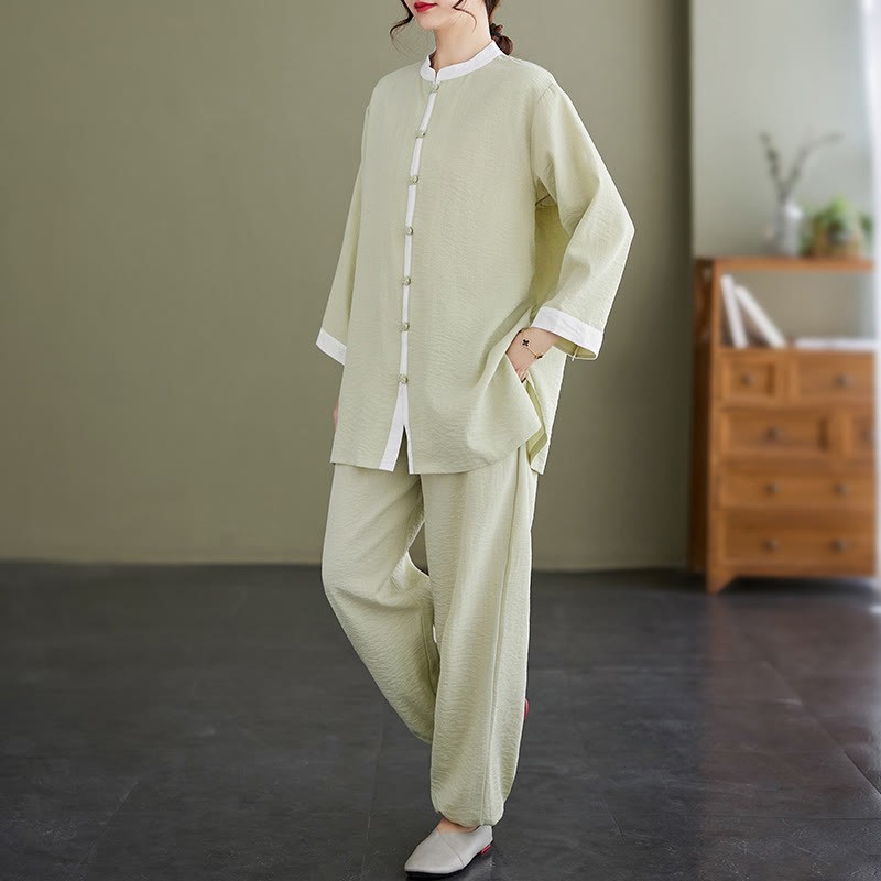 2Pcs Vintage Long Sleeve Shirt Top Pants Meditation Zen Tai Chi Cotton Linen Clothing Women's Set