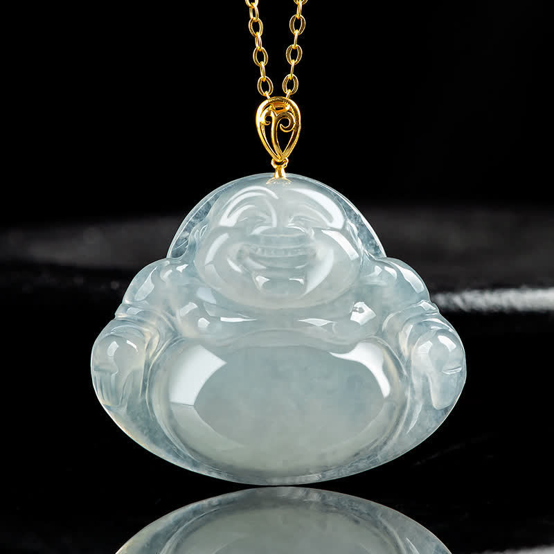 Laughing mystic zen Natural Jade 18K Gold Abundance Necklace Pendant