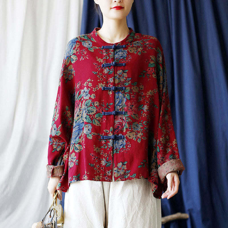 Red Flowers Green Leaves Print Frog-button Design Long Sleeve Cotton Linen Jacket Shirt