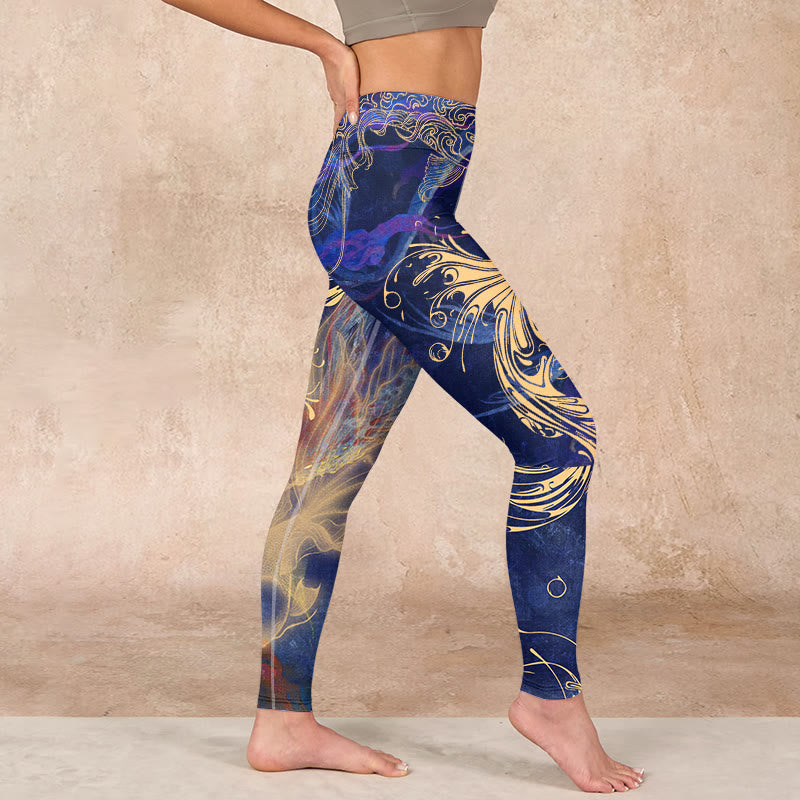 Blue Koi Fish Auspicious Clouds Print Gym Leggings Women's Yoga Pants