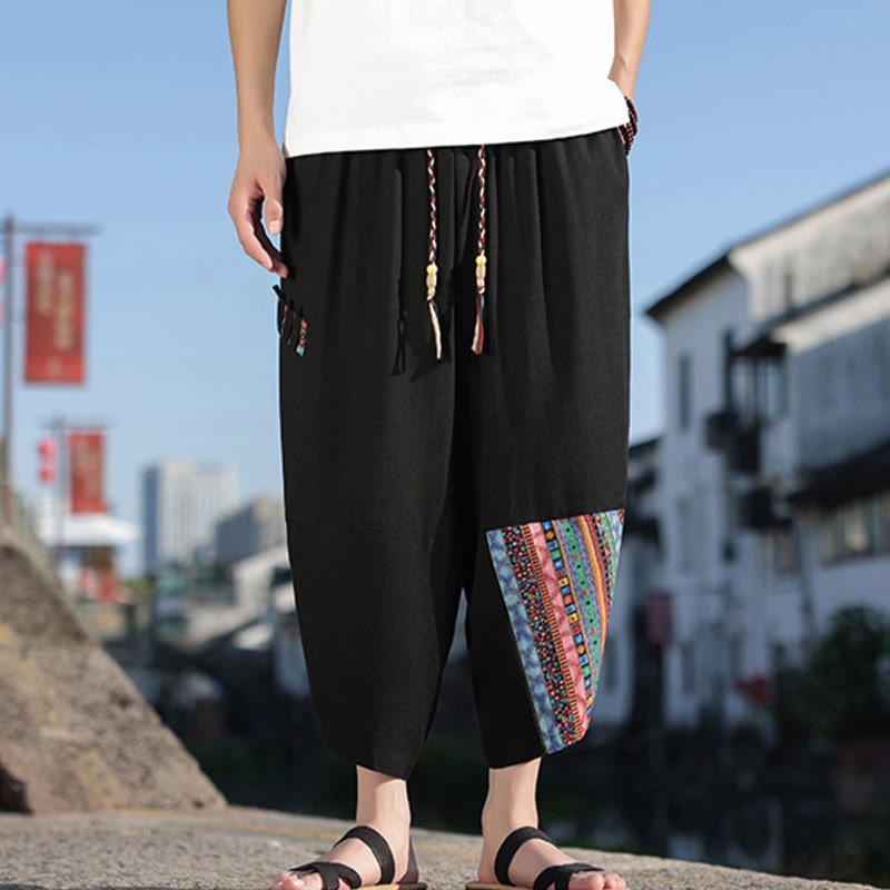 Bohemian Patchwork Pattern Cotton Drawstring Men's Wide Leg Pants With Pockets
