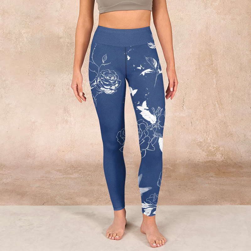 Blue Rose Butterfly Print Sports Leggings Women's Yoga Pants