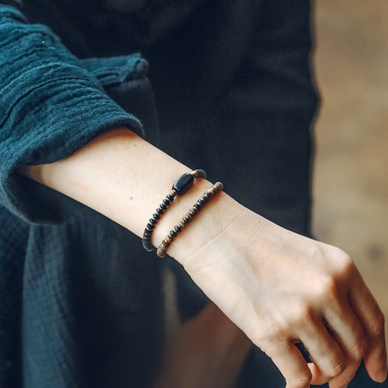 Ebony Wood Green Sandalwood Copper Brass Calm Double Wrap Bracelet